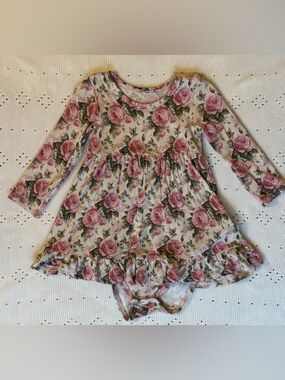 Posh Peanut Cream Dress with Pink Rose Print and Ruffle Hem